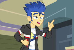 Size: 1058x720 | Tagged: safe, screencap, character:flash sentry, episode:a banner day, equestria girls:friendship games, g4, my little pony:equestria girls, clothing, jacket, male, smiling, solo