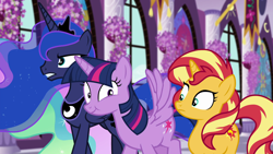 Size: 1920x1080 | Tagged: safe, screencap, character:princess luna, character:sunset shimmer, character:twilight sparkle, character:twilight sparkle (alicorn), species:alicorn, species:pony, equestria girls:forgotten friendship, g4, my little pony:equestria girls, wing slap