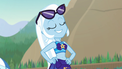 Size: 1920x1080 | Tagged: safe, screencap, character:trixie, equestria girls:forgotten friendship, g4, my little pony:equestria girls, belly button, clothing, confident, midriff, sarong, smiling, solo, sunglasses, swimsuit