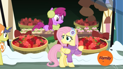 Size: 1920x1080 | Tagged: safe, screencap, character:berry punch, character:berryshine, character:comet tail, character:fluttershy, species:earth pony, species:pegasus, species:pony, species:unicorn, episode:best gift ever, g4, my little pony: friendship is magic, :o, apple, baked goods, basket, bushel basket, clothing, cupcake, discovery family logo, earmuffs, female, food, male, mare, open mouth, scarf, smiling, snow, stallion, sweater, vendor, vendor stall