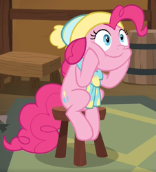 Size: 601x663 | Tagged: safe, screencap, character:pinkie pie, species:earth pony, species:pony, episode:best gift ever, g4, my little pony: friendship is magic, cheek squish, clothing, cropped, cute, diapinkes, female, hat, hooves on cheeks, mare, sitting, solo, squishy cheeks, stool