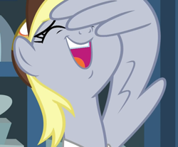 Size: 1119x925 | Tagged: safe, screencap, character:derpy hooves, species:pegasus, species:pony, episode:best gift ever, g4, my little pony: friendship is magic, cropped, cute, derpabetes, eyes closed, facewing, female, joy, laughing, mailmare, mare, solo, wing hands