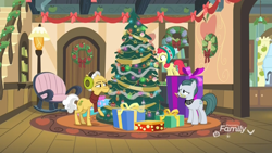 Size: 1920x1080 | Tagged: safe, screencap, character:apple bloom, character:cloudy quartz, character:grand pear, species:earth pony, species:pony, episode:best gift ever, g4, my little pony: friendship is magic, apple, bookshelf, bow, christmas, christmas lights, christmas tree, clothing, decoration, discovery family logo, earmuffs, female, filly, food, garland, hat, hearth's warming tree, holiday, lamp, male, mare, pear, present, ribbon, rock, rug, scarf, stallion, sweet apple acres, tree, when you see it, wreath