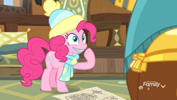 Size: 1920x1080 | Tagged: safe, screencap, character:pinkie pie, character:prince rutherford, species:earth pony, species:pony, episode:best gift ever, g4, my little pony: friendship is magic, clothing, female, hat, map, mare, scarf, solo focus, zipper, zippermouth