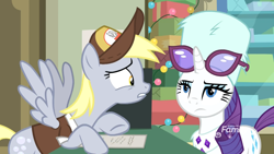 Size: 1920x1080 | Tagged: safe, screencap, character:derpy hooves, character:rarity, species:pegasus, species:pony, species:unicorn, episode:best gift ever, g4, my little pony: friendship is magic, clothing, duo, female, glasses, hat, mailmare hat, mare, post office, uniform