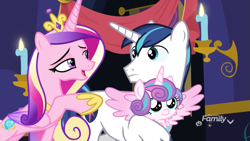 Size: 855x481 | Tagged: safe, screencap, character:princess cadance, character:princess flurry heart, character:shining armor, species:alicorn, species:pony, species:unicorn, episode:best gift ever, g4, my little pony: friendship is magic, baby, baby pony, family, female, filly, foal, hoof shoes, male, mare, spread wings, stallion, trio, wings
