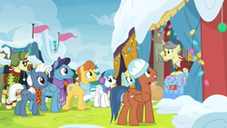 Size: 1920x1080 | Tagged: safe, screencap, character:flam, character:flim, character:helia, character:white lightning, species:earth pony, species:pegasus, species:pony, species:unicorn, episode:best gift ever, g4, my little pony: friendship is magic, background pony, christmas, christmas lights, christmas sweater, clean sweep, clothing, cute, discovery family logo, disguise, facial hair, fake moustache, female, fire, flim flam brothers, grin, happy, hat, heart pacer, holiday, looking up, love sketch, male, mare, moustache, neckerchief, pants, rainbow falls (location), scarf, smiling, snow, squee, stallion, sweater, unnamed pony, ushanka, vendor stall, warm front, wide eyes, wig