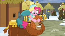 Size: 1920x1080 | Tagged: safe, screencap, character:pinkie pie, character:prince rutherford, species:earth pony, species:pony, species:yak, episode:best gift ever, g4, my little pony: friendship is magic, clothing, discovery family logo, ear piercing, earring, female, grin, guess who, hat, horn, jewelry, male, mare, moss pile, piercing, ponies riding yaks, smiling, yakyakistan