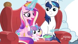 Size: 1280x720 | Tagged: safe, screencap, character:princess cadance, character:princess flurry heart, character:shining armor, species:alicorn, species:pony, species:unicorn, episode:best gift ever, g4, my little pony: friendship is magic, armchair, baby, baby alicorn, baby flurry heart, baby pony, bowl, chair, cutie mark, diaper, diapered, diapered filly, discovery family logo, family, father and child, father and daughter, female, filly, foal, food, glowing horn, magic, male, mare, meme, mother and child, mother and daughter, pudding, puddinghead's pudding, smiling, spoon, stallion, telekinesis, trio, twily face