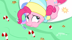 Size: 1920x1080 | Tagged: safe, screencap, character:pinkie pie, species:earth pony, species:pony, episode:best gift ever, g4, my little pony: friendship is magic, candy, candy cane, clothing, eating, female, floaty, food, hat, inflatable, inflatable toy, mare, pool toy, prehensile mane, pudding, puddinghead's pudding, solo