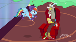 Size: 912x513 | Tagged: safe, screencap, character:discord, character:rainbow dash, species:draconequus, species:pegasus, species:pony, episode:best gift ever, g4, my little pony: friendship is magic, armchair, candy, candy cane, chair, cookie, drink, duo, female, flying, food, male, mare, popcorn, pudding, puddinghead's pudding