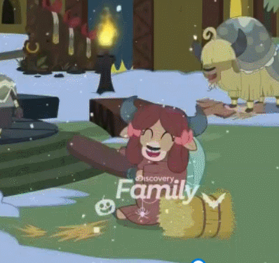 Size: 398x376 | Tagged: safe, screencap, character:yona, species:yak, episode:best gift ever, g4, my little pony: friendship is magic, animated, bow, cloven hooves, cropped, cute, discovery family logo, eyes closed, female, hair bow, happy, hay bale, log, monkey swings, smashing, snilldarfest, yak smash, yakyakistan, yojan, yonadorable
