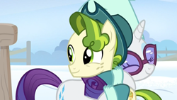 Size: 1920x1080 | Tagged: safe, screencap, character:pistachio, character:rarity, species:earth pony, species:pony, species:unicorn, episode:best gift ever, g4, my little pony: friendship is magic, boots, clothing, duo, eyes closed, farm, female, fence, hat, hug, male, mare, shoes, snow, sunglasses, sweet acorn orchard, teenager