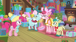 Size: 1920x1080 | Tagged: safe, screencap, character:alice, character:aurora, character:bori, character:pinkie pie, species:deer, species:earth pony, species:pony, species:reindeer, episode:best gift ever, g4, my little pony: friendship is magic, apron, bell, bow, clothing, cloven hooves, colored hooves, deer magic, discovery family logo, doe, female, glowing antlers, grove of the gift givers, hat, levitation, magic, magic aura, mare, present, raised hoof, scarf, shawl, telekinesis, the gift givers