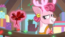 Size: 1920x1080 | Tagged: safe, screencap, character:bori, species:deer, species:reindeer, episode:best gift ever, g4, my little pony: friendship is magic, bell, bow, christmas, christmas lights, deer magic, discovery family logo, doe, ear piercing, earring, female, glowing antlers, grove of the gift givers, holiday, holly, jewelry, levitation, magic, magic aura, piercing, present, smiling, telekinesis