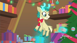 Size: 1920x1080 | Tagged: safe, screencap, character:alice, species:deer, species:reindeer, episode:best gift ever, g4, my little pony: friendship is magic, bell, bow, christmas, christmas ornament, christmas tree, cloven hooves, colored hooves, decoration, deer magic, fawn, female, flying, glowing antlers, holiday, levitation, magic, magic aura, present, telekinesis, tree