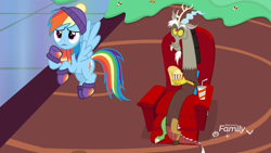Size: 1920x1080 | Tagged: safe, screencap, character:discord, character:rainbow dash, species:draconequus, species:pegasus, species:pony, episode:best gift ever, g4, my little pony: friendship is magic, armchair, chair, clothing, discovery family logo, duo, female, flying, food, hat, male, mare, mittens, popcorn, pudding, puddinghead's pudding, recliner, scarf, soda