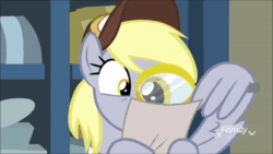 Size: 1280x720 | Tagged: safe, screencap, character:derpy hooves, species:pegasus, species:pony, episode:best gift ever, g4, my little pony: friendship is magic, animated, cute, derpabetes, facewing, female, laughing, magnifying glass, mare, oops my bad, post office, solo, sound, webm, wing hands