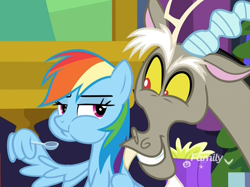 Size: 1445x1078 | Tagged: safe, screencap, character:discord, character:rainbow dash, species:draconequus, species:pegasus, species:pony, episode:best gift ever, g4, my little pony: friendship is magic, annoyed, chubby cheeks, cropped, cute, discovery family logo, discute, duo, eating, eye contact, female, food, lidded eyes, looking at each other, male, mare, pudding, puffy cheeks, smiling, spoon, unimpressed, wing hands, wing hold