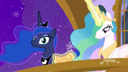Size: 1920x1080 | Tagged: safe, screencap, character:princess celestia, character:princess luna, species:alicorn, species:pony, episode:best gift ever, g4, my little pony: friendship is magic, balcony, best sisters, blanket, canterlot castle, discovery family logo, ethereal mane, female, glowing horn, levitation, magic, magic aura, mare, momlestia fuel, royal sisters, sisterly love, sisters, smiling, snow, snowfall, snowflake, telekinesis, wide eyes