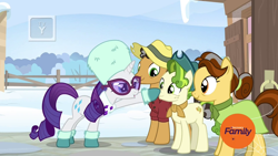 Size: 1920x1080 | Tagged: safe, screencap, character:butternut, character:oak nut, character:pistachio, character:rarity, species:earth pony, species:pony, species:unicorn, episode:best gift ever, g4, my little pony: friendship is magic, acorn family, boop, boots, clothing, cute, discovery family logo, dress, family, farm, farmhouse, female, glasses, hat, male, mare, quartet, scarf, shirt, shoes, snow, stallion, sunglasses, sweet acorn orchard, teenager