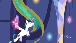 Size: 1920x1080 | Tagged: safe, screencap, character:princess flurry heart, character:shining armor, species:pony, species:unicorn, episode:best gift ever, g4, my little pony: friendship is magic, banner, discovery family logo, duo, father and daughter, female, filly, foal, magic, male, mouth hold, stallion, swinging, telekinesis