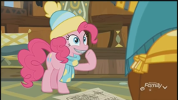 Size: 1280x720 | Tagged: safe, screencap, character:pinkie pie, species:earth pony, species:pony, species:yak, episode:best gift ever, g4, my little pony: friendship is magic, clothing, female, hat, mare, zippermouth