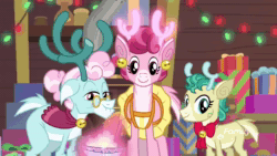 Size: 1920x1080 | Tagged: safe, screencap, character:alice, character:aurora, character:bori, species:deer, species:pony, episode:best gift ever, g4, my little pony: friendship is magic, animated, cute, female, sound, the gift givers, the gift givers of the grove, webm