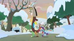 Size: 1920x1080 | Tagged: safe, screencap, character:discord, character:rainbow dash, species:pony, episode:best gift ever, g4, my little pony: friendship is magic, animated, sound, webm, winterchilla