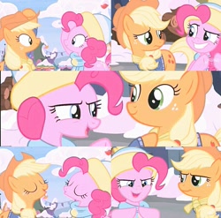 Size: 953x942 | Tagged: safe, screencap, character:applejack, character:pinkie pie, ship:applepie, episode:best gift ever, g4, my little pony: friendship is magic, clothing, collage, cute, duo, female, lesbian, scarf, shipping, snow, winter outfit