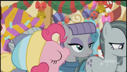 Size: 1280x720 | Tagged: safe, screencap, character:limestone pie, character:marble pie, character:maud pie, character:pinkie pie, species:earth pony, species:pony, episode:best gift ever, g4, my little pony: friendship is magic, clothing, decoration, discovery family logo, eyes closed, female, hat, kiss on the cheek, kissing, mare, maud being maud, pie sisters, platonic kiss, siblings, sisters