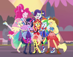 Size: 1374x1080 | Tagged: safe, screencap, character:applejack, character:fluttershy, character:pinkie pie, character:rainbow dash, character:rarity, character:sunset shimmer, character:twilight sparkle, character:twilight sparkle (scitwi), species:alicorn, species:eqg human, species:pony, equestria girls:forgotten friendship, g4, my little pony:equestria girls, cropped, group hug, hug, humane five, humane seven, humane six, ponied up, scitwilicorn, septet, super ponied up