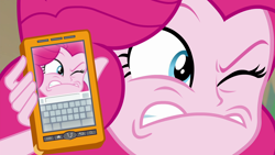 Size: 1920x1080 | Tagged: safe, screencap, character:pinkie pie, equestria girls:forgotten friendship, g4, my little pony:equestria girls, cellphone, close-up, cropped, faec, female, grimace, one eye closed, phone, photo, picture, popeye, silly face, smartphone