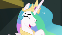 Size: 1920x1080 | Tagged: safe, screencap, character:princess celestia, species:alicorn, species:pony, equestria girls:forgotten friendship, g4, my little pony:equestria girls, cute, cutelestia, eyes closed, female, giggling, laughing, mare, mischievous, playful, raised hoof, solo