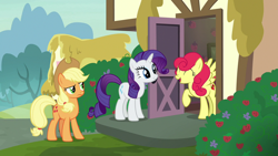 Size: 1280x720 | Tagged: safe, screencap, character:applejack, character:rarity, character:strawberry sunrise, species:earth pony, species:pegasus, species:pony, species:unicorn, episode:honest apple, g4, my little pony: friendship is magic, happy, house