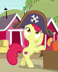 Size: 511x637 | Tagged: safe, screencap, character:apple bloom, species:earth pony, species:pony, episode:hard to say anything, g4, my little pony: friendship is magic, bipedal, bipedal leaning, clothing, cute, dressup, female, filly, hat, hay bale, leaning, pirate hat, smiling, solo focus, sweet apple acres