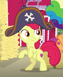 Size: 474x578 | Tagged: safe, screencap, character:apple bloom, species:earth pony, species:pony, bipedal, clothing, cropped, female, filly, hat, hay bale, pirate hat, solo focus, sweet apple acres
