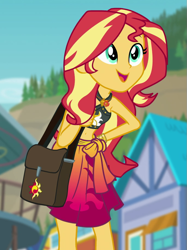 Size: 683x914 | Tagged: safe, screencap, character:sunset shimmer, equestria girls:forgotten friendship, g4, my little pony:equestria girls, belly button, clothing, cropped, geode of empathy, magical geodes, satchel, solo, swimsuit