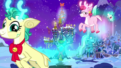 Size: 1280x720 | Tagged: safe, screencap, character:alice, character:aurora, character:bori, species:deer, species:reindeer, episode:best gift ever, g4, my little pony: friendship is magic, cloven hooves, female, flying, glowing antlers, school of friendship, smiling, snow, snowfall, the gift givers, trio, twilight's castle, winter