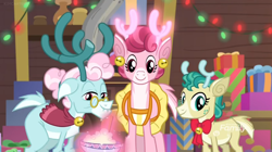Size: 1680x944 | Tagged: safe, screencap, character:alice, character:aurora, character:bori, species:deer, species:reindeer, episode:best gift ever, g4, my little pony: friendship is magic, bowl, deer magic, ear piercing, earring, female, jewelry, magic, piercing, present, telekinesis, the gift givers, trio, trio female