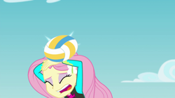 Size: 1920x1080 | Tagged: safe, screencap, character:fluttershy, equestria girls:forgotten friendship, g4, my little pony:equestria girls, clothing, geode of fauna, magical geodes, ouch, solo, sports, swimsuit, throwing things at fluttershy, volleyball, wetsuit