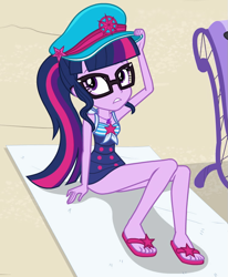 Size: 739x897 | Tagged: safe, screencap, character:twilight sparkle, character:twilight sparkle (scitwi), species:eqg human, equestria girls:forgotten friendship, g4, my little pony:equestria girls, beach babe, beach towel, captain hat, clothing, cropped, feet, female, flip-flops, geode of telekinesis, hat, jewelry, magical geodes, necklace, sandals, schrödinger's pantsu, sexy, solo, swimsuit