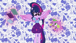 Size: 1920x1080 | Tagged: safe, screencap, character:spike, character:spike (dog), character:twilight sparkle, character:twilight sparkle (scitwi), species:dog, species:eqg human, my little pony:equestria girls, book, clothing, female, geode of telekinesis, glasses, intro, levitation, magic, magical geodes, ponied up, ponytail, scitwilicorn, skirt, smiling, telekinesis, wings