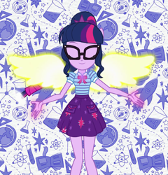 Size: 1035x1078 | Tagged: safe, screencap, character:twilight sparkle, character:twilight sparkle (scitwi), species:eqg human, my little pony:equestria girls, angel, clothing, cropped, eyes closed, female, geode of telekinesis, glasses, glowing wings, intro, magical geodes, ponied up, ponytail, scitwilicorn, skirt, smiling, wings