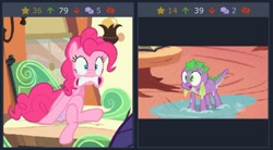 Size: 863x475 | Tagged: safe, screencap, character:pinkie pie, character:spike, derpibooru, episode:the last roundup, episode:the return of harmony, g4, my little pony: friendship is magic, crossed legs, desperation, implied watersports, juxtaposition, juxtaposition win, meme, meta, need to pee, omorashi, potty emergency, potty time, puddle, water, wet