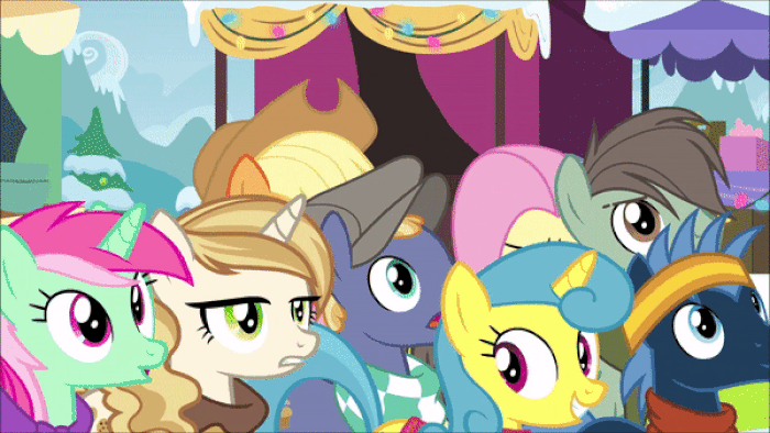 Size: 700x394 | Tagged: safe, screencap, character:applejack, character:fluttershy, character:lemon hearts, character:minty bubblegum, character:star hunter, character:sweet biscuit, species:pony, episode:best gift ever, g4, my little pony: friendship is magic, animated, background pony, gif, jumping, loop