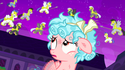 Size: 1440x810 | Tagged: safe, screencap, character:cozy glow, species:pegasus, species:pony, episode:school raze, g4, my little pony: friendship is magic, armor, bow, female, filly, flying, foal, hair bow, helmet, hoof shoes, male, night, pegasus royal guard, royal guard, royal guard armor, scowl, spear, stallion, weapon, you dun goofed