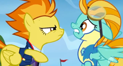 Size: 624x338 | Tagged: safe, screencap, character:lightning dust, character:spitfire, species:pegasus, species:pony, episode:wonderbolts academy, angry, clothing, duo, expelled, female, floppy ears, glare, goggles, lip bite, mare, raised hoof, uniform, wonderbolt trainee uniform