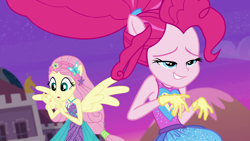 Size: 1920x1080 | Tagged: safe, screencap, character:fluttershy, character:pinkie pie, equestria girls:forgotten friendship, g4, my little pony:equestria girls, clothing, enjoying, gloves, grin, hand, jazz hands, open mouth, ponied up, silly face, smiling, smirk, super ponied up, transformation, varying degrees of want