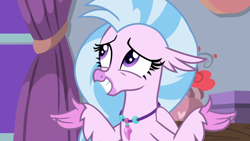 Size: 1280x720 | Tagged: safe, screencap, character:silverstream, species:hippogriff, episode:school raze, g4, my little pony: friendship is magic, female, jewelry, necklace, sheepish grin, shrug, solo